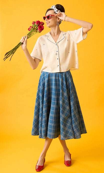 Cotton Midi Skirt In Blue And White Checks