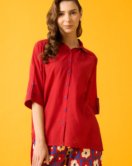 Red Cotton Peter Pan Collar Shirt