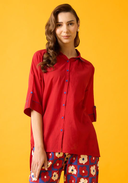 Red Cotton Peter Pan Collar Shirt