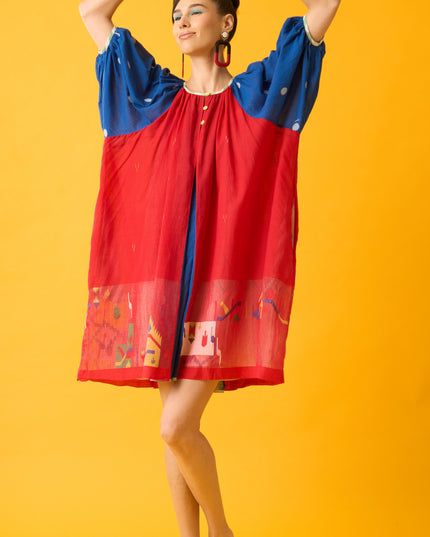 Red and Blue Balloon Sleeve Dress