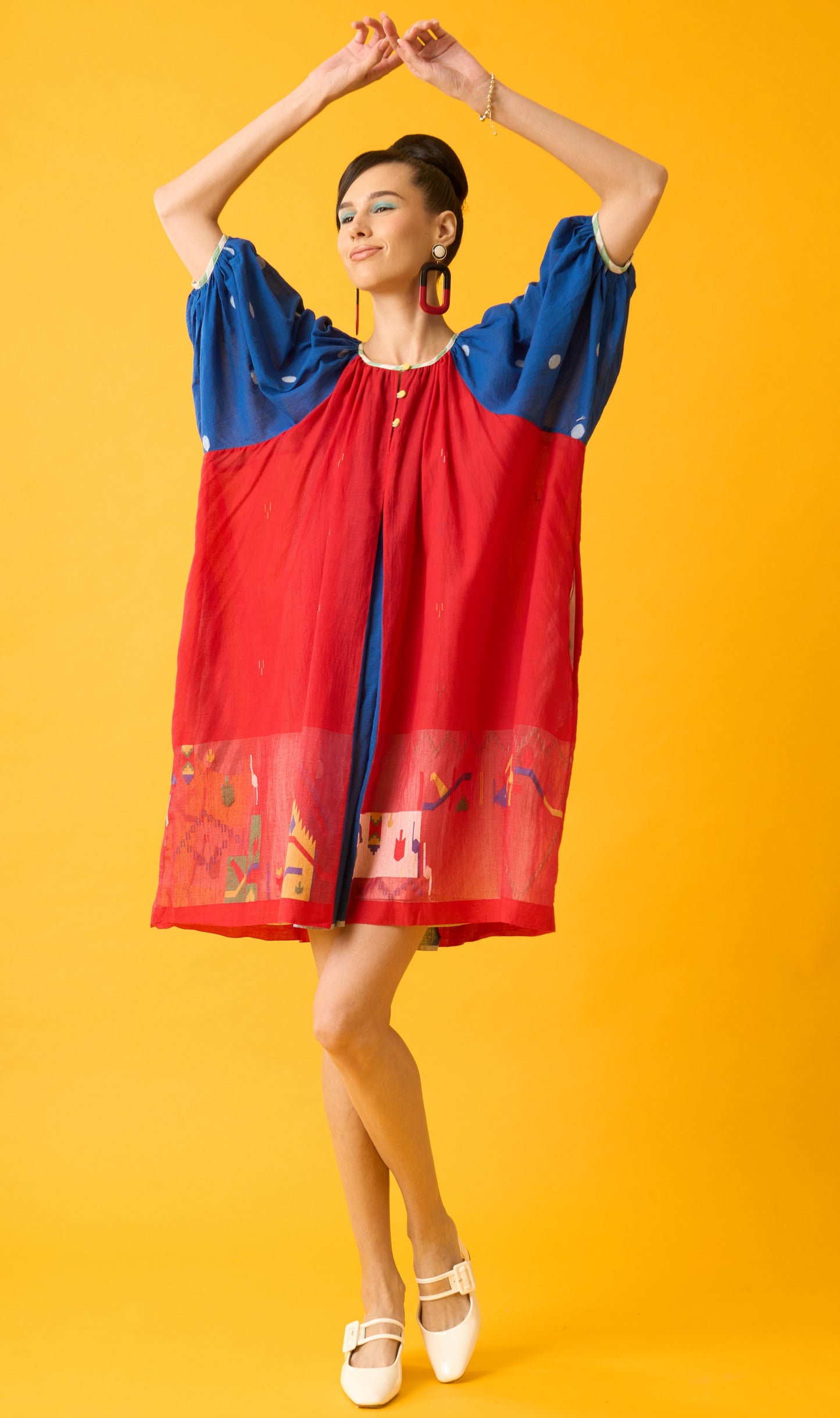 Red and Blue Balloon Sleeve Dress