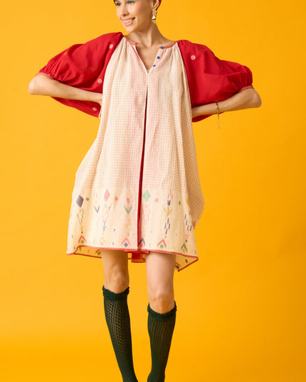 Red And White Balloon Sleeve Dress