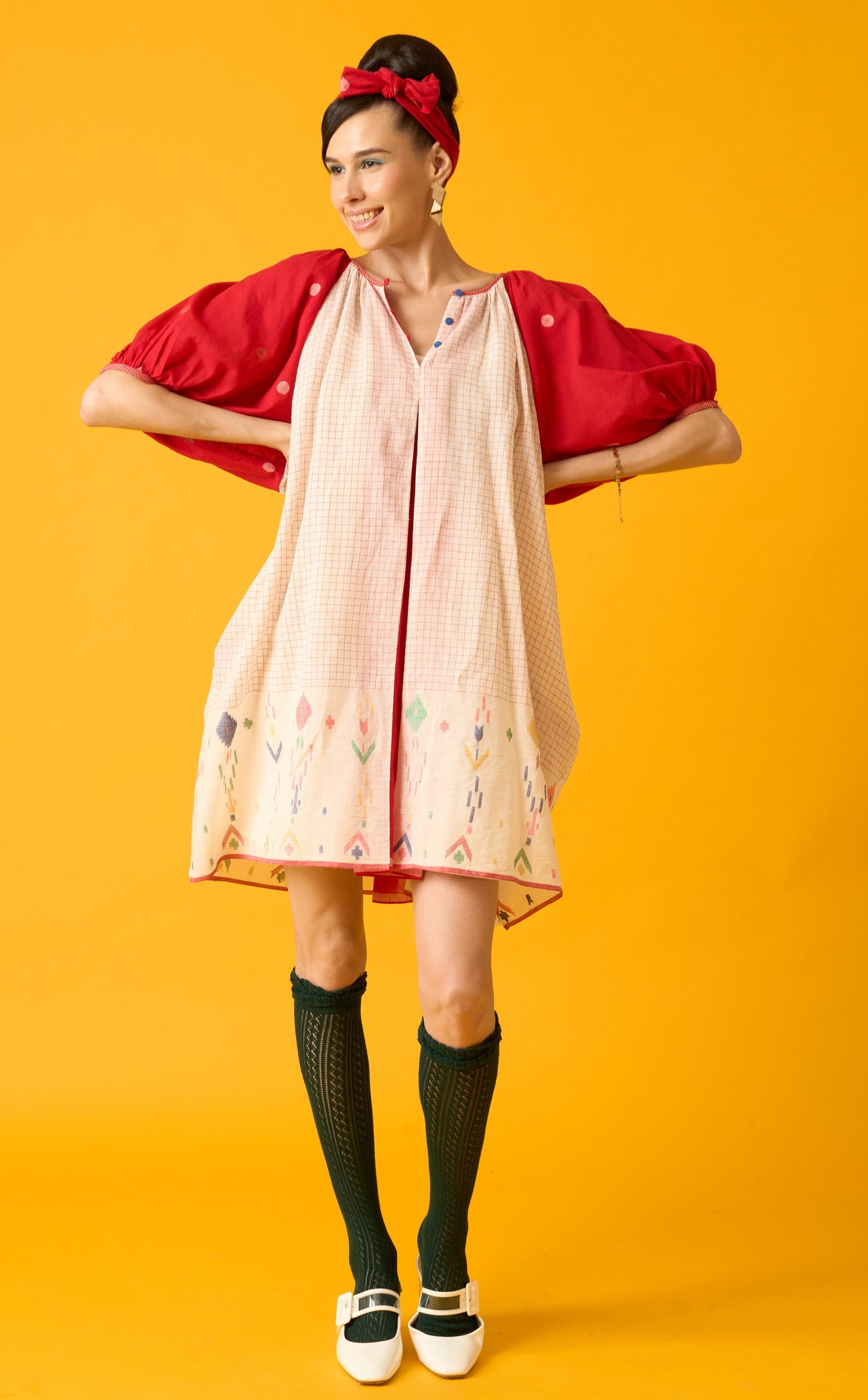 Red And White Balloon Sleeve Dress