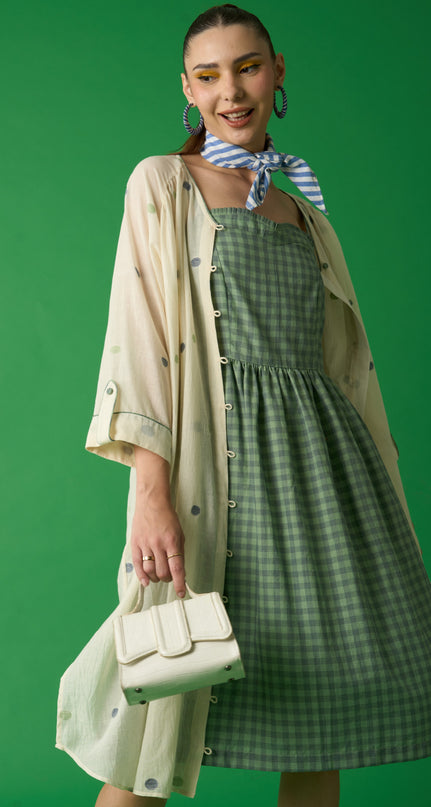 Off White Shirt Dress With Green And Grey Polka