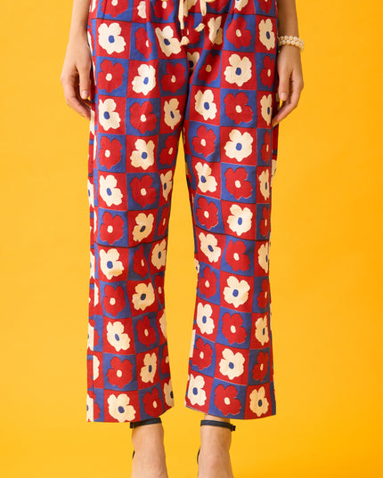 Floral Print Red, Blue and White Drawstring Pants