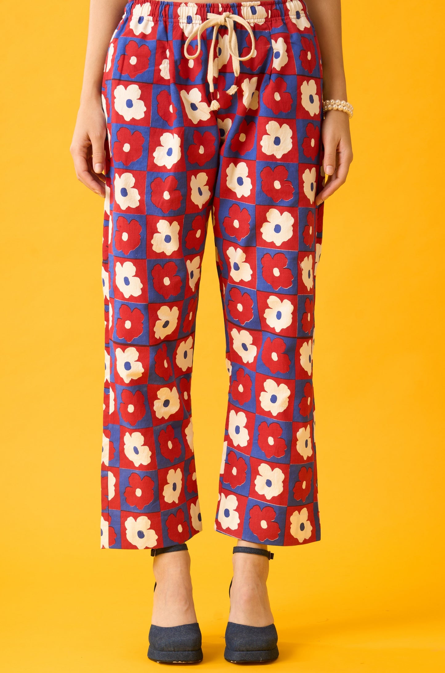 Floral Print Red, Blue and White Drawstring Pants