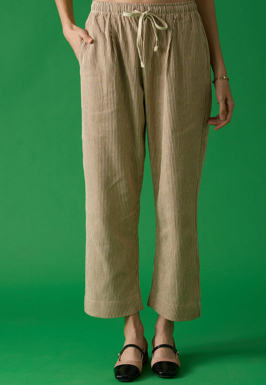 Beige And White Striped Draw String Pants