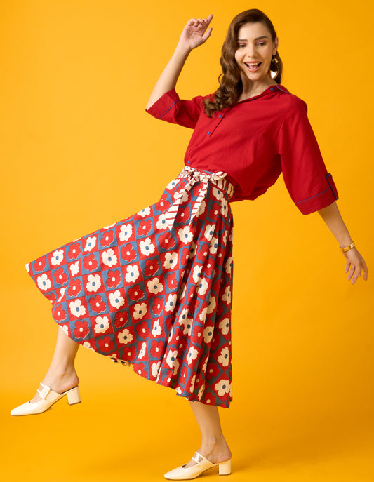 Floral Print Red, Blue And White Midi Skirt