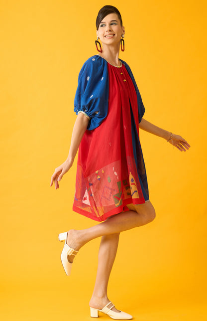 Red and Blue Balloon Sleeve Dress