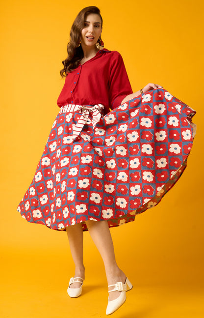 Floral Print Red, Blue And White Midi Skirt