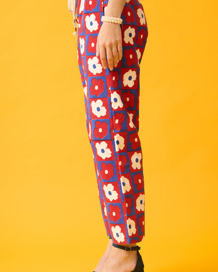 Floral Print Red, Blue and White Drawstring Pants