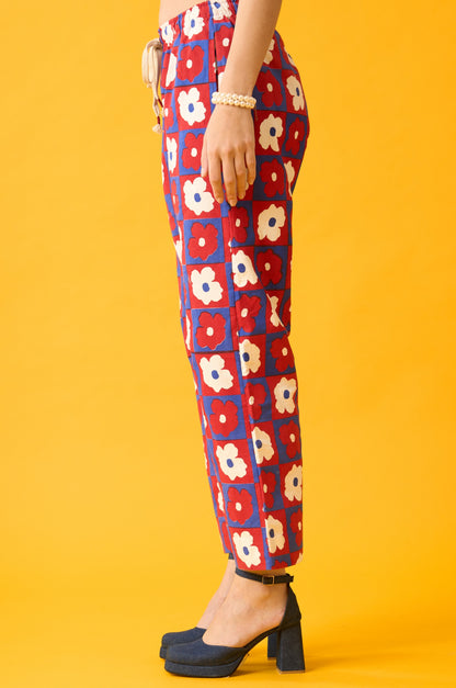 Floral Print Red, Blue and White Drawstring Pants