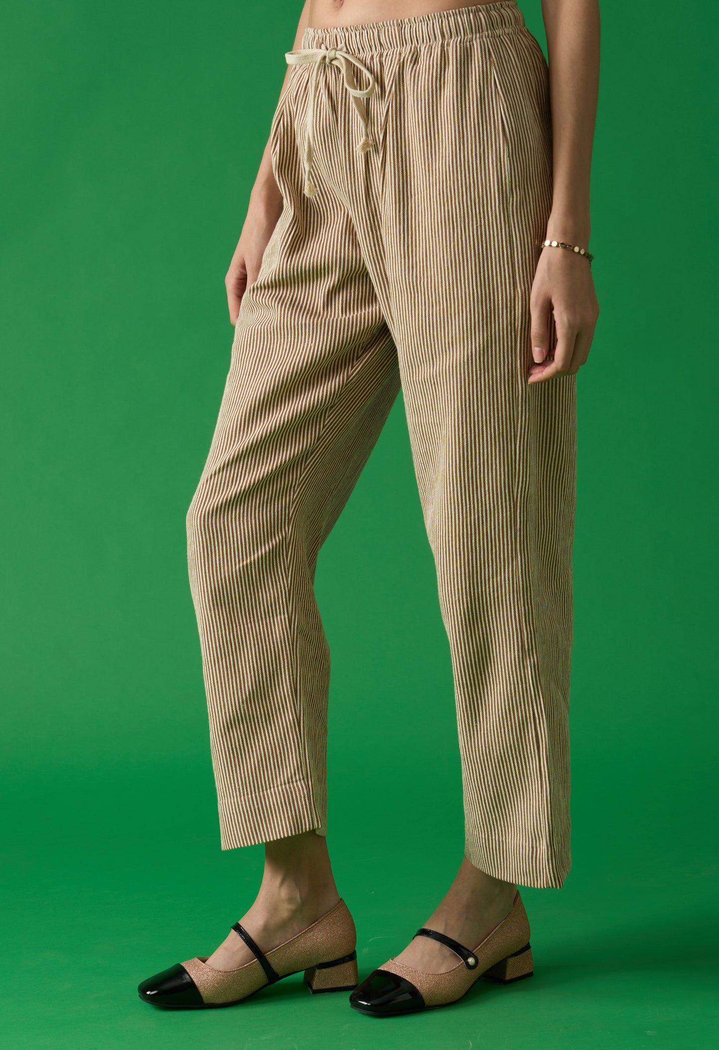 Beige And White Striped Draw String Pants