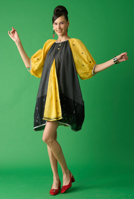 Yellow And Black Jamdani Dress With Balloon Sleeves