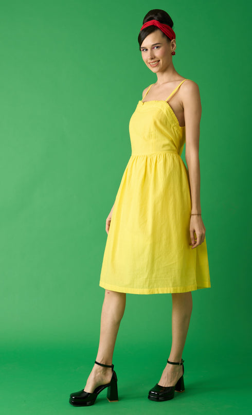 Yellow Slip Dress With Pleated Neckline