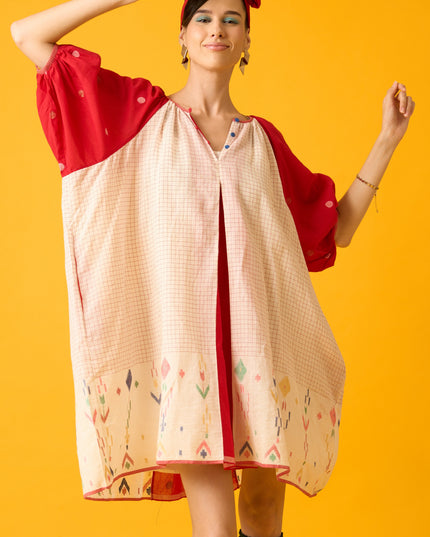 Red And White Balloon Sleeve Dress