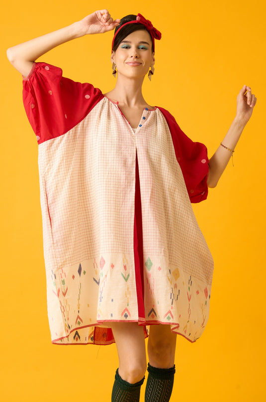 Red And White Balloon Sleeve Dress