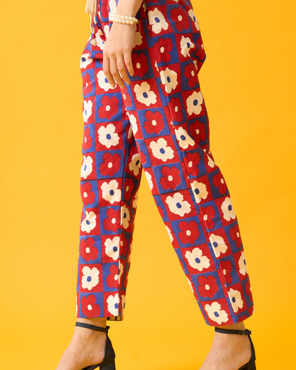 Floral Print Red, Blue and White Drawstring Pants
