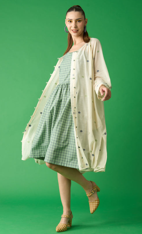 Off White Shirt Dress With Green And Grey Polka