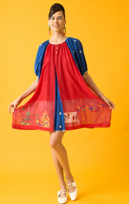 Red and Blue Balloon Sleeve Dress