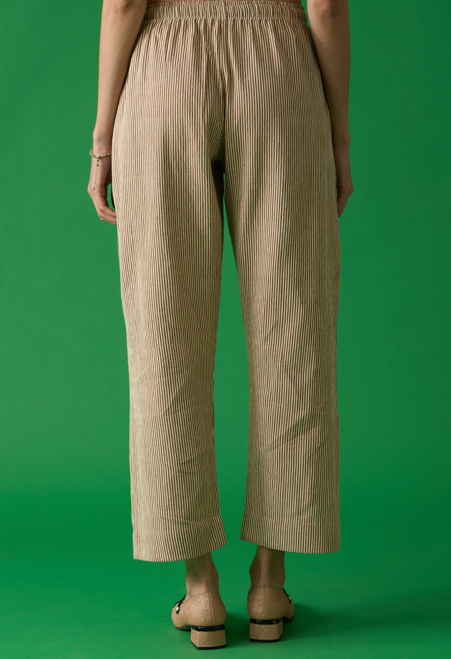 Beige And White Striped Draw String Pants