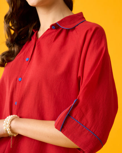Red Cotton Peter Pan Collar Shirt