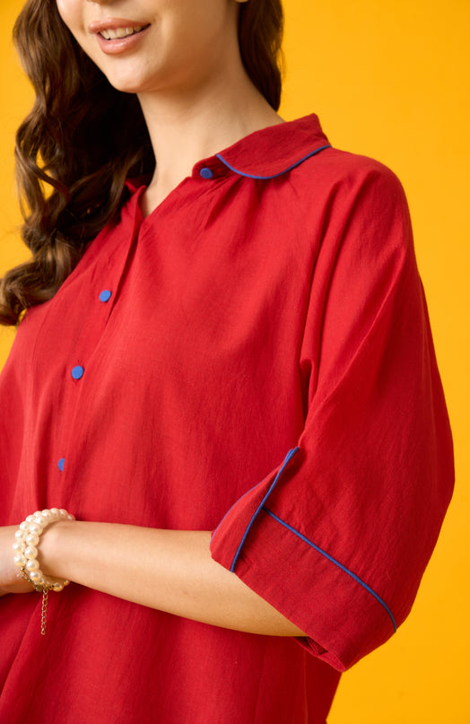 Red Cotton Peter Pan Collar Shirt