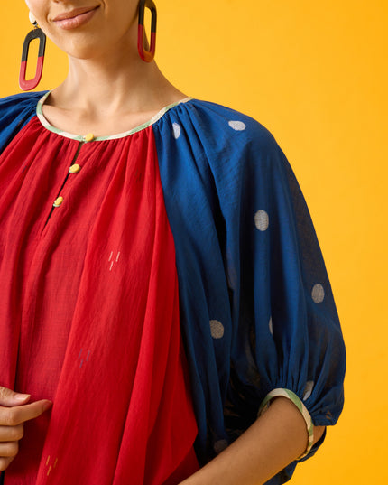 Red and Blue Balloon Sleeve Dress