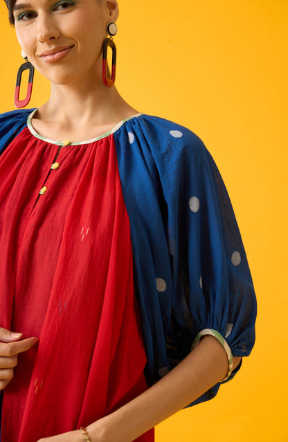 Red and Blue Balloon Sleeve Dress