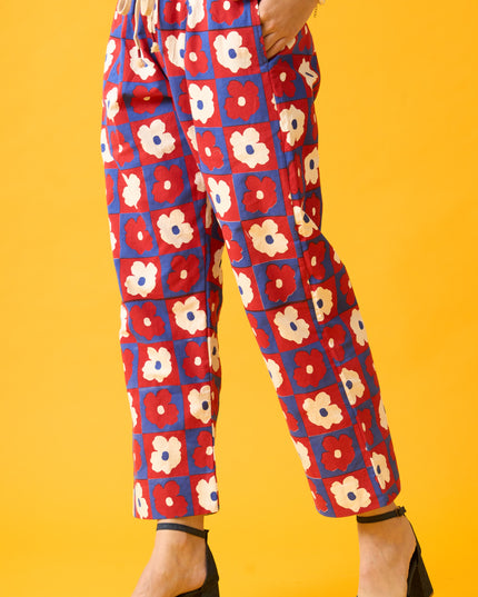 Floral Print Red, Blue and White Drawstring Pants