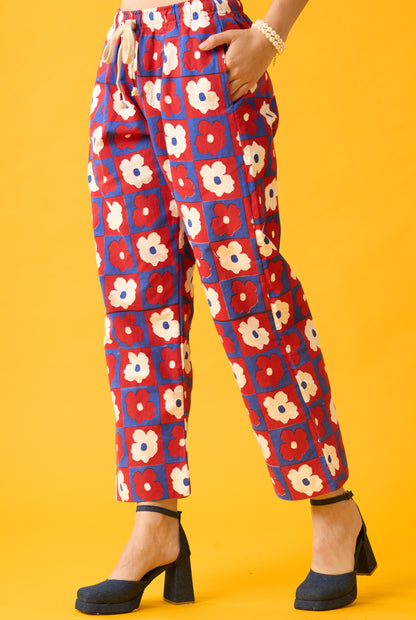 Floral Print Red, Blue and White Drawstring Pants