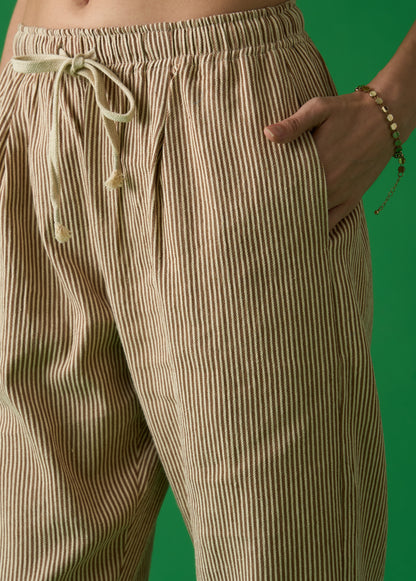 Beige And White Striped Draw String Pants