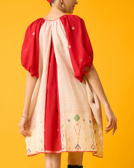 Red And White Balloon Sleeve Dress