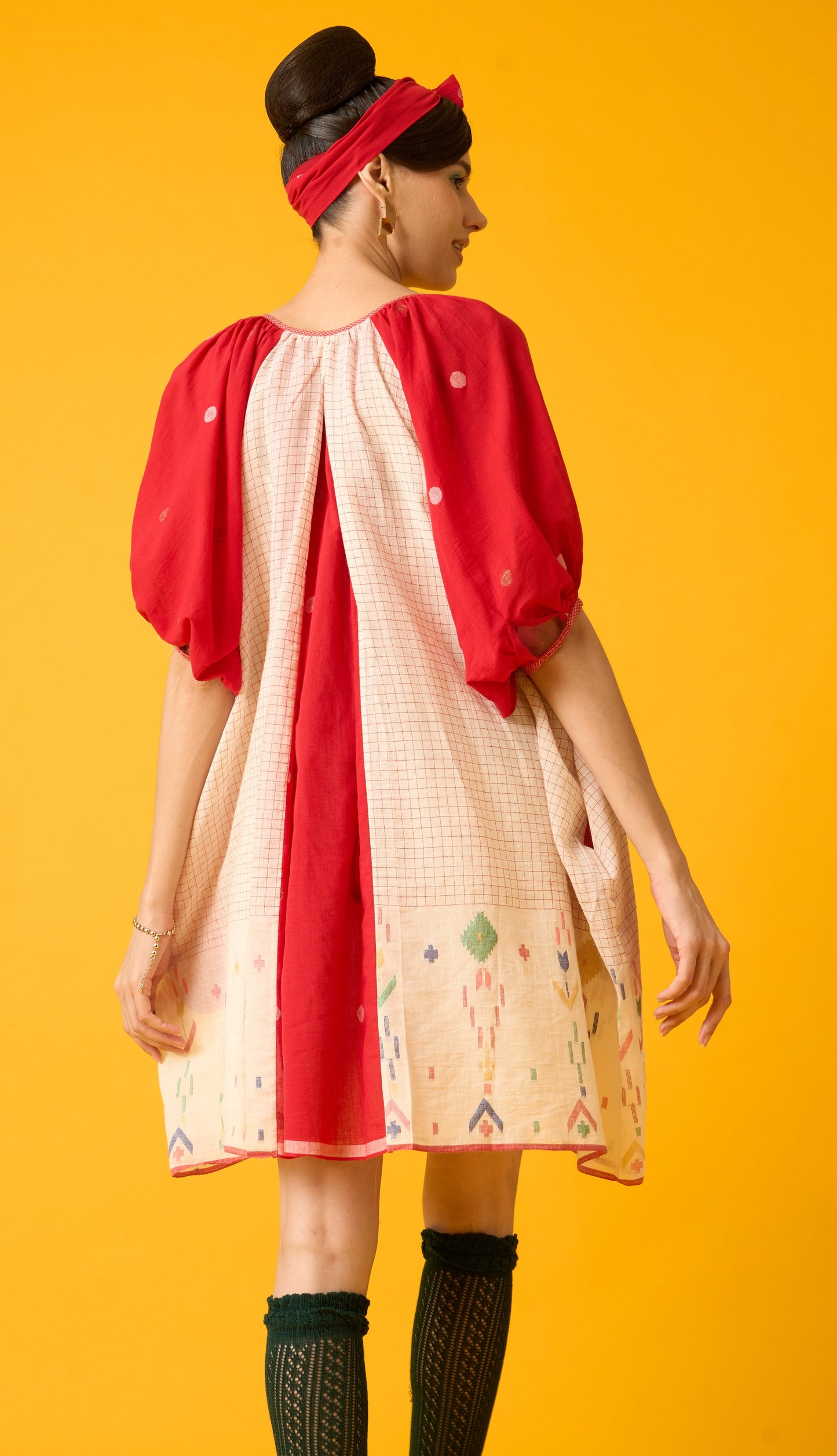 Red And White Balloon Sleeve Dress