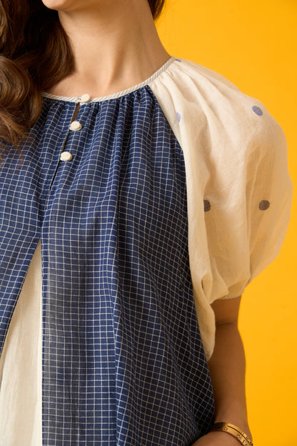 Blue and White Balloon Sleeve Dress