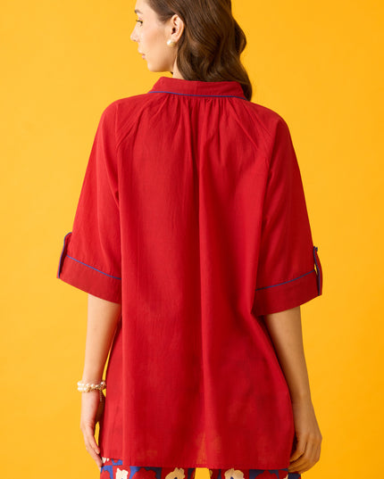 Red Cotton Peter Pan Collar Shirt