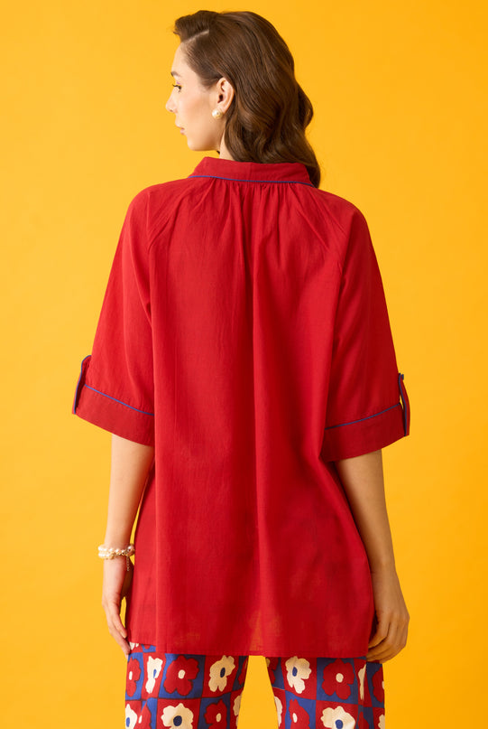 Red Cotton Peter Pan Collar Shirt