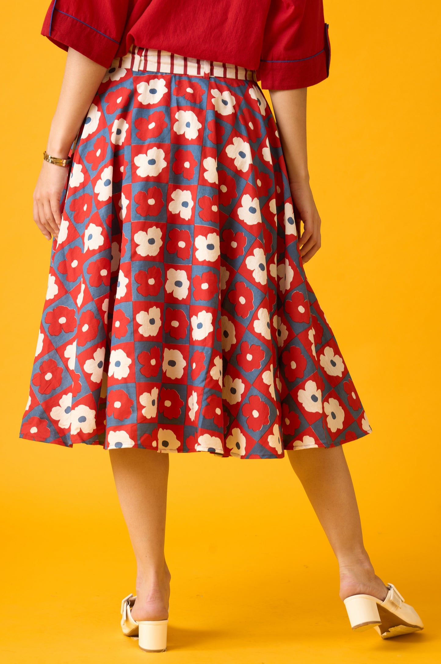 Floral Print Red, Blue And White Midi Skirt