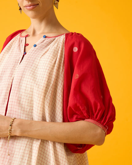 Red And White Balloon Sleeve Dress