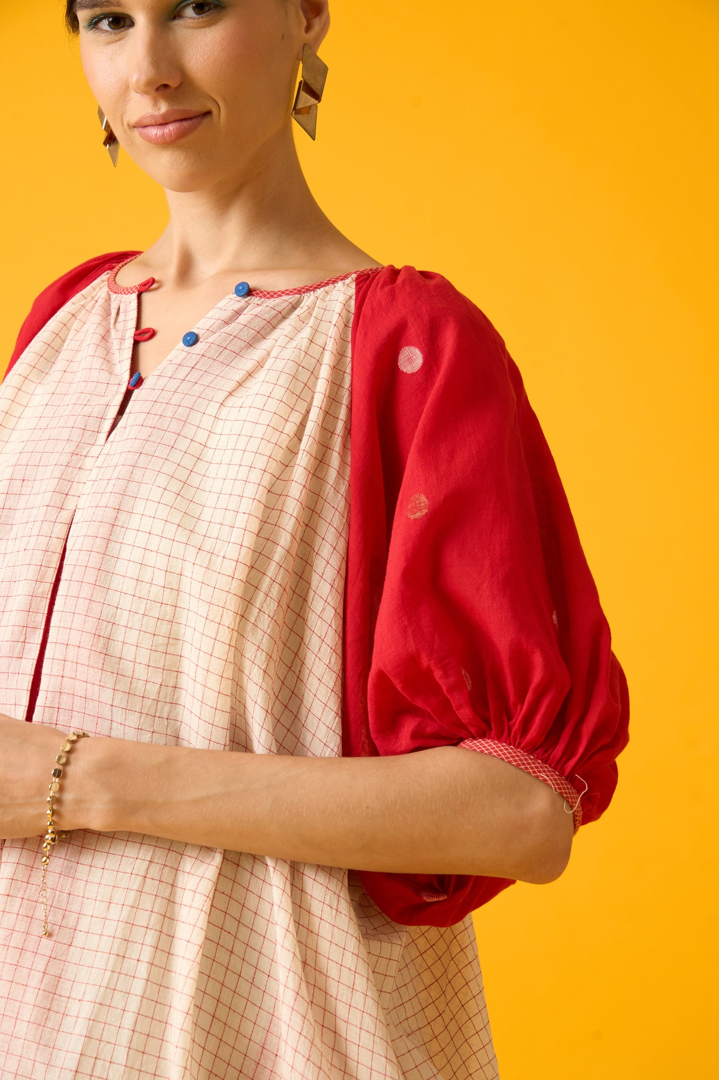 Red And White Balloon Sleeve Dress