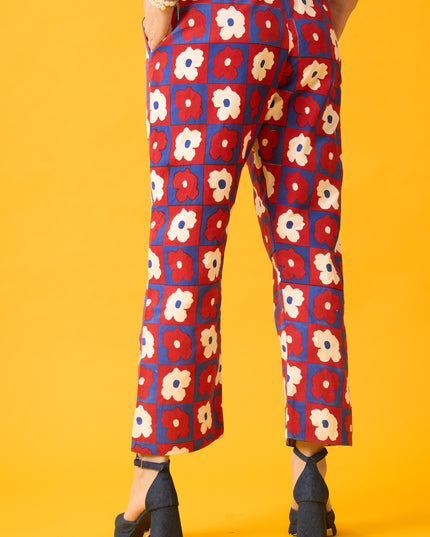 Floral Print Red, Blue and White Drawstring Pants