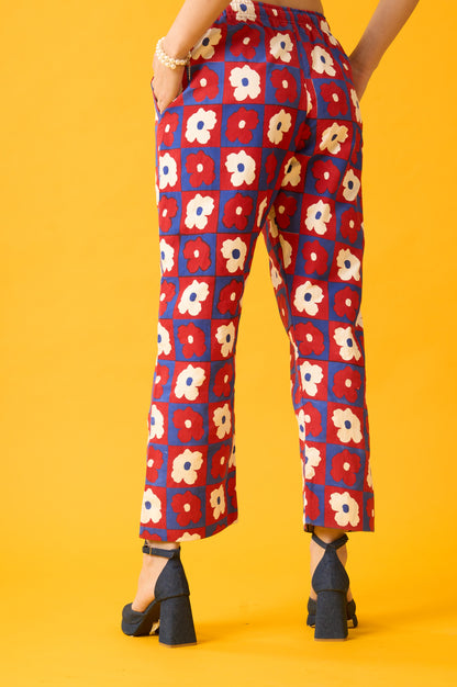 Floral Print Red, Blue and White Drawstring Pants