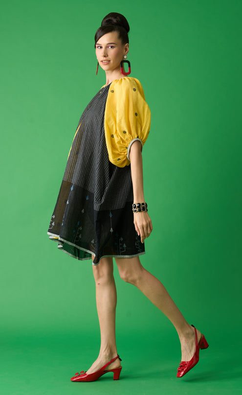 Yellow And Black Jamdani Dress With Balloon Sleeves