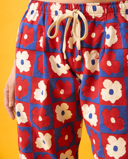 Floral Print Red, Blue and White Drawstring Pants