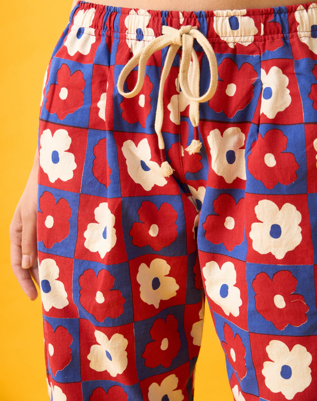 Floral Print Red, Blue and White Drawstring Pants