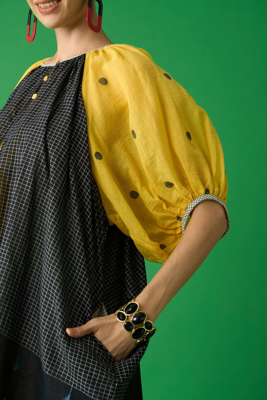 Yellow And Black Jamdani Dress With Balloon Sleeves