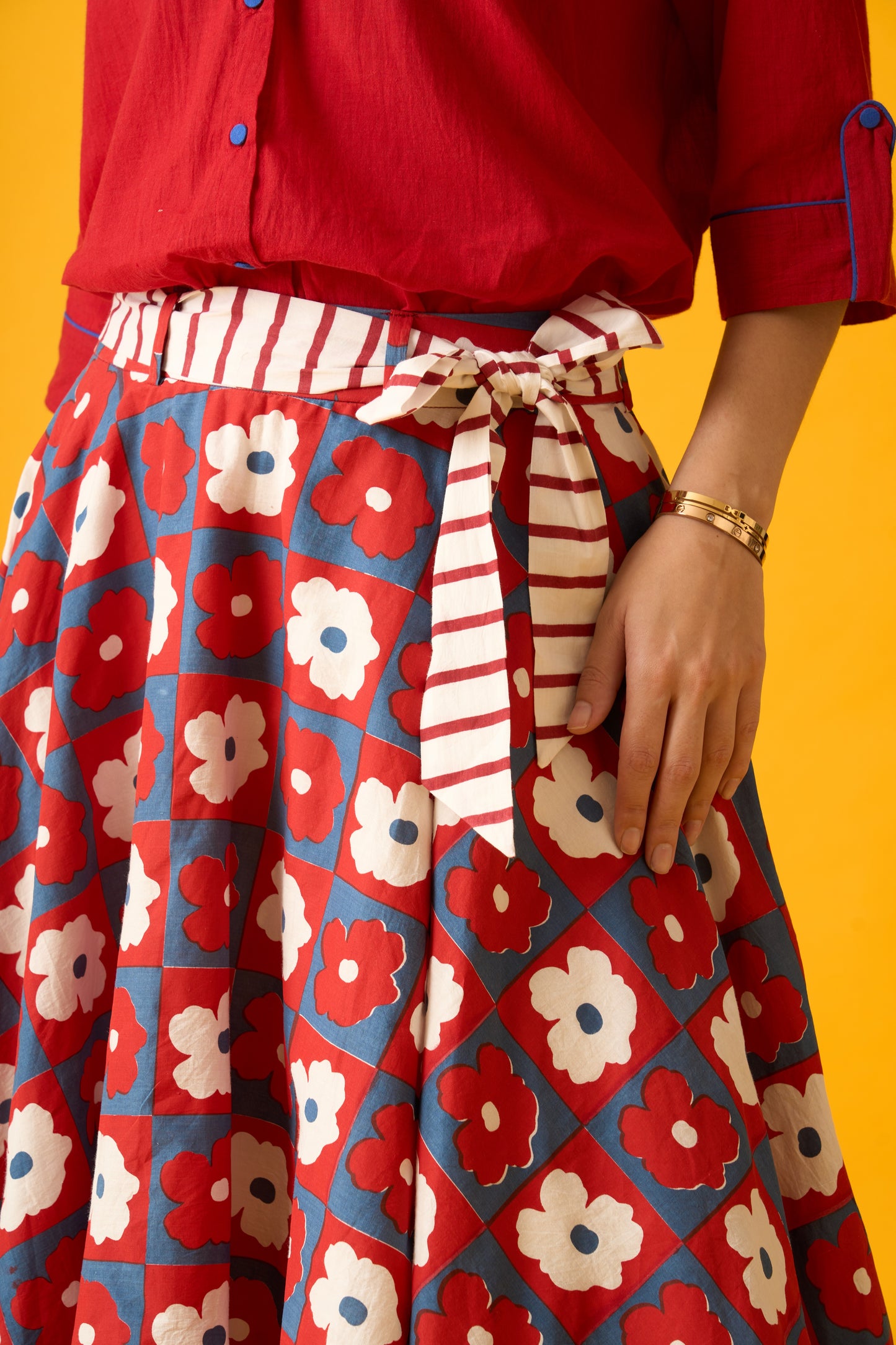 Floral Print Red, Blue And White Midi Skirt