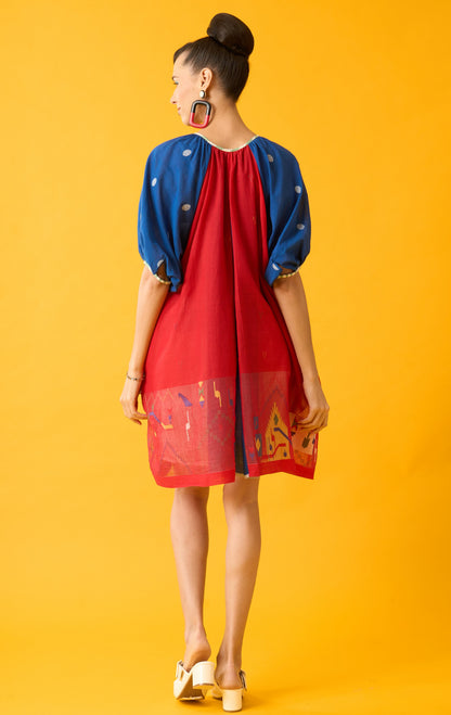 Red and Blue Balloon Sleeve Dress