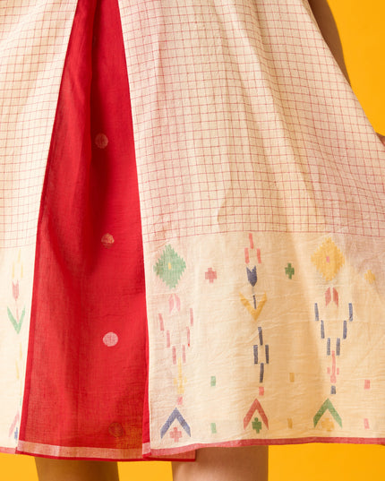 Red And White Balloon Sleeve Dress