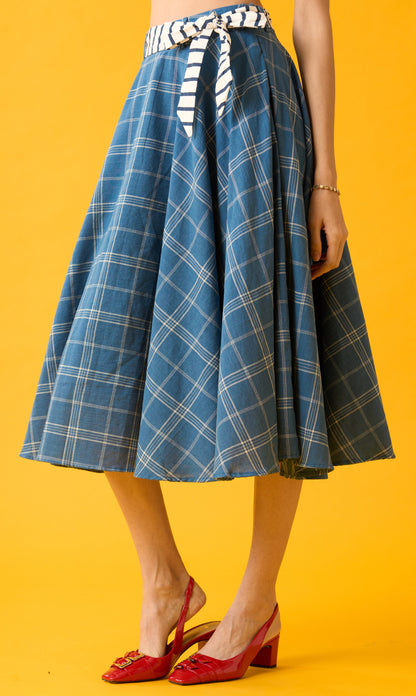 Cotton Midi Skirt In Blue And White Checks